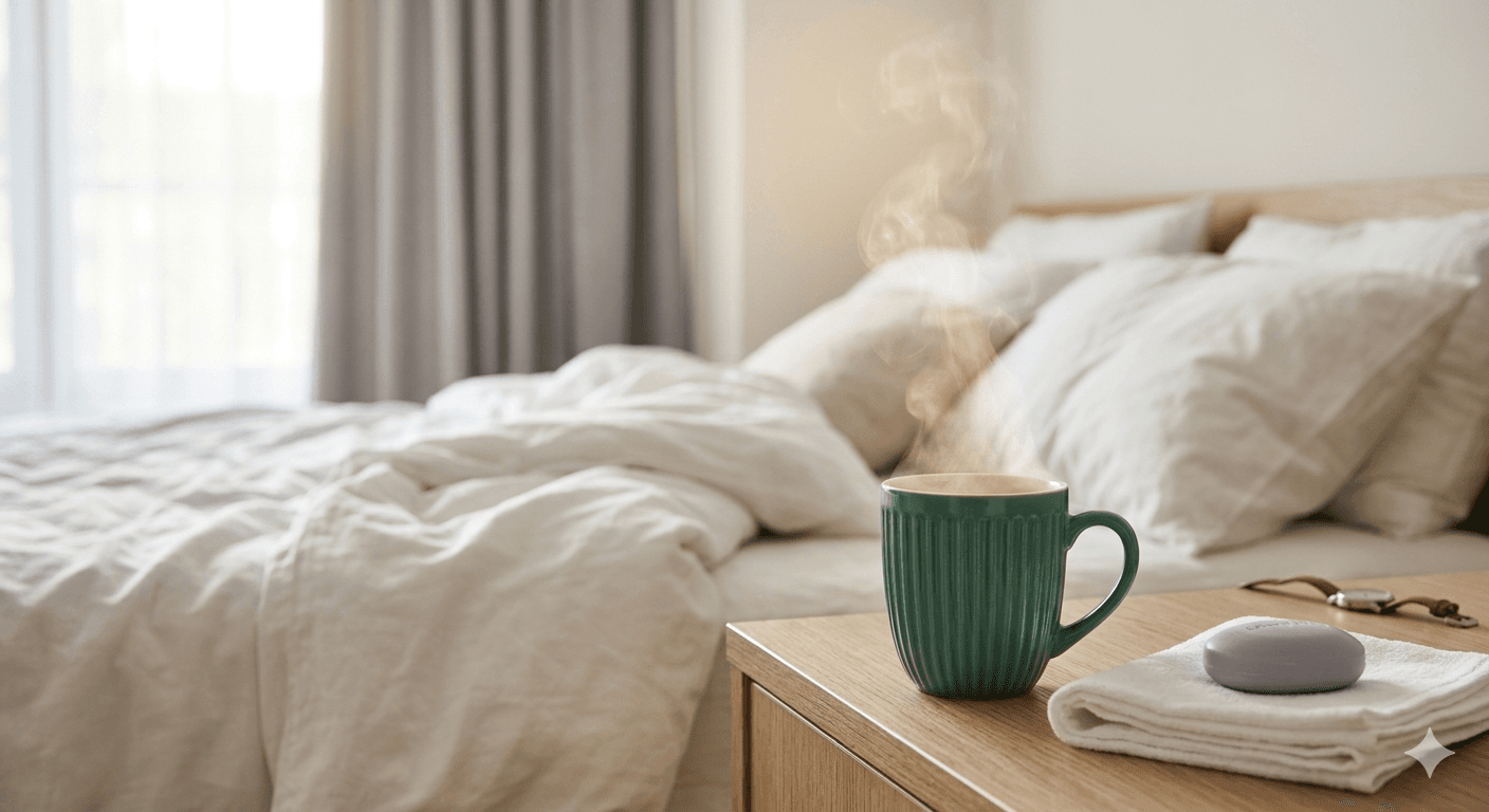 Steaming coffee cup on a bedside table