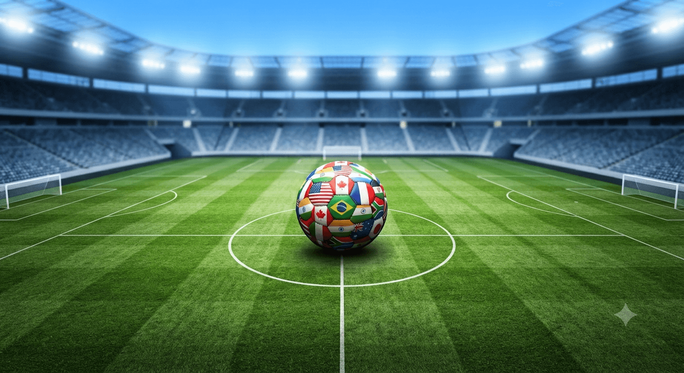 Football with all the flags of the world in the centre of a football pitch.