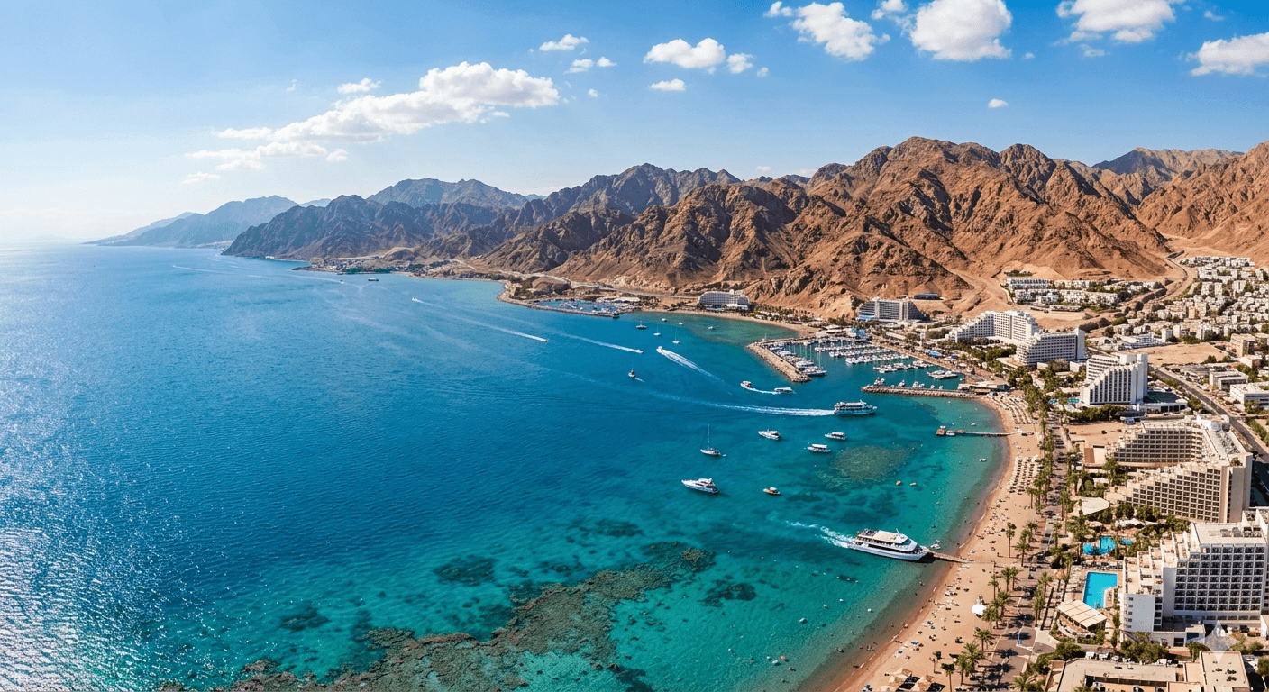 Image of Eilat beach and ocean with the red mountains in the background